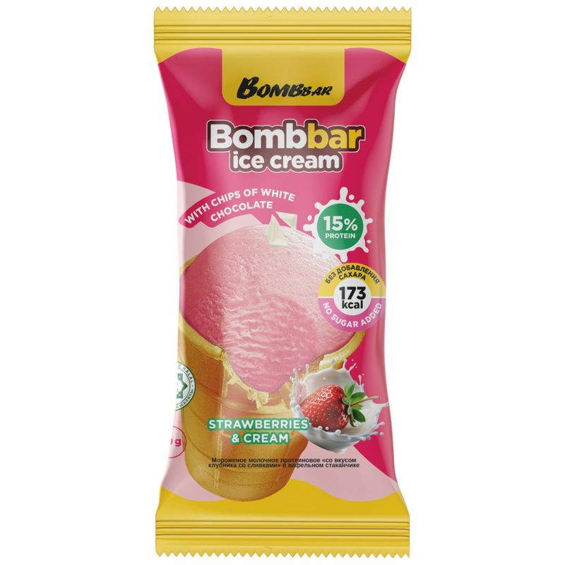 Изображение товара Мороженое BombBar Клубника со сливками молочное протеиновое 90г