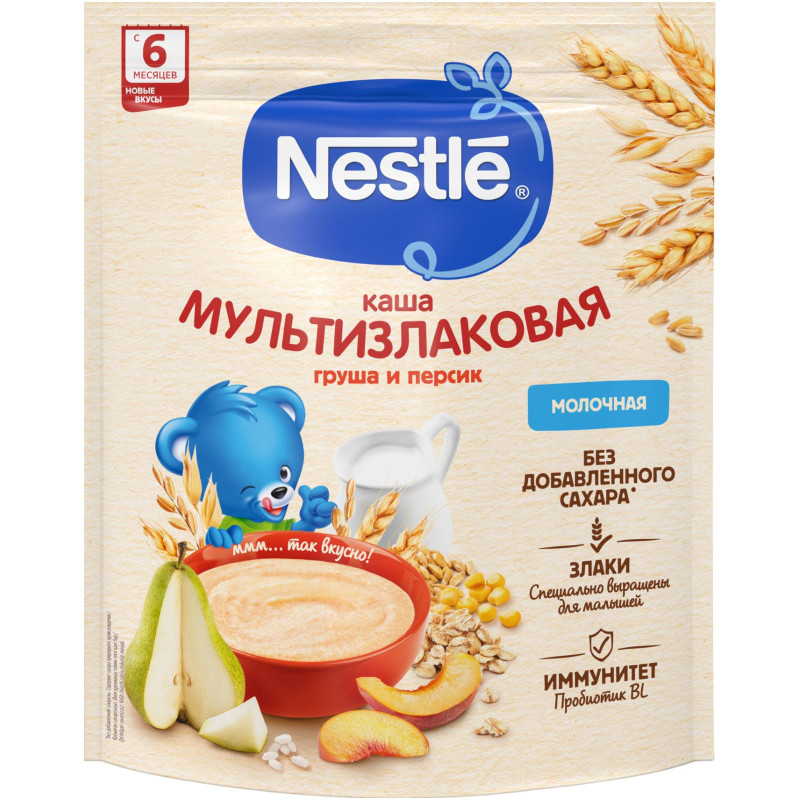 Изображение товара Каша Nestlé молочная мультизлаковая груша-персик с бифидобактериями BL с 6 месяцев, 200г