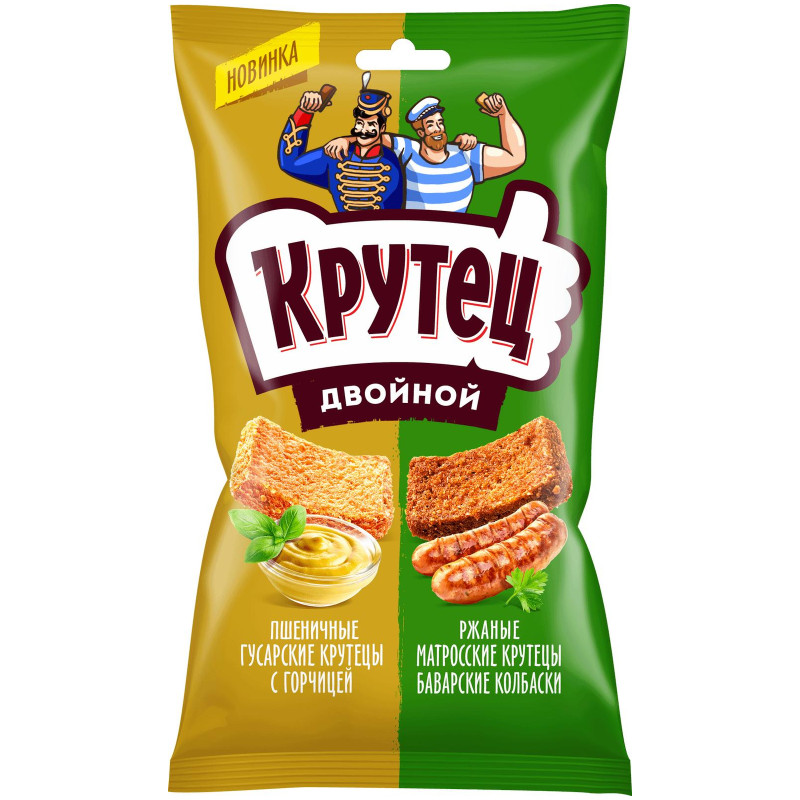 Изображение товара Гренки Крутец Двойной пшенично-ржаные со вкусом горчицы и баварских колбасок, 100г