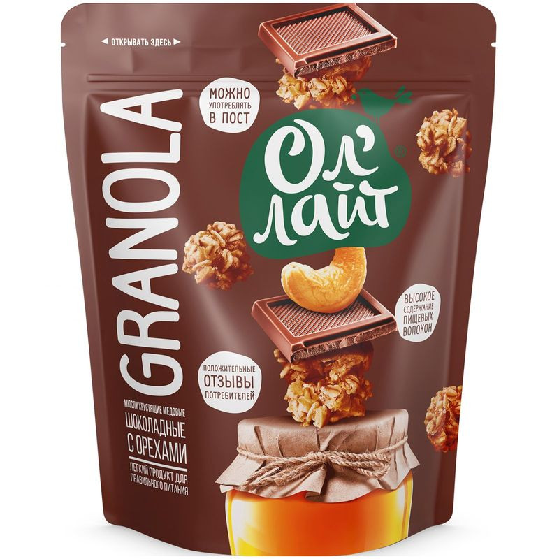 Изображение товара Гранола Ол Лайт медовые шоколадные с орехами 280г натуральный вкус