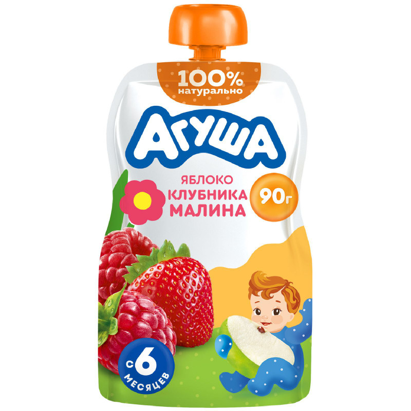 Изображение товара Пюре фруктовое детское Агуша Яблоко-Клубника-Малина с 6 месяцев, 90г