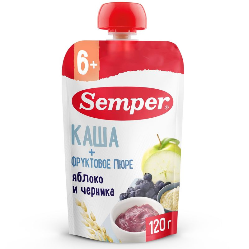 Изображение товара Пюре Semper яблочно-черничное с кашей 120г для детей от 6 месяцев