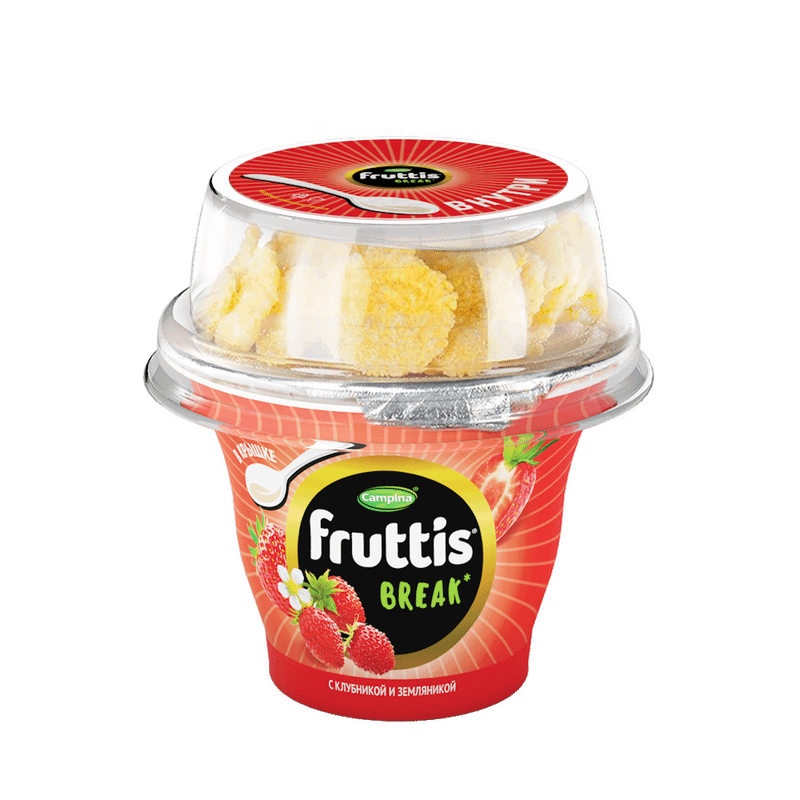 Изображение товара Продукт йогуртный Campina Fruttis Break клубника-земляника-кукурузные хлопья 2.5%, 165+10г
