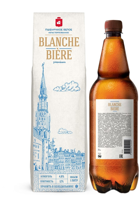 Изображение товара Напиток пивной Blanche Biere Пшеничное Белое нефильтрованный 4.8%, 1л
