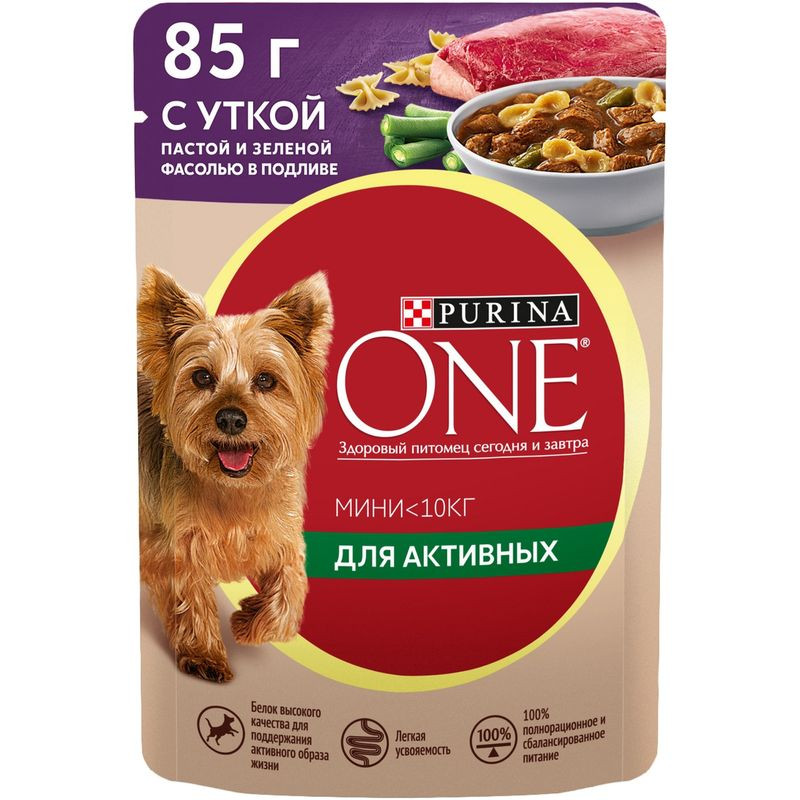 Изображение товара Влажный корм Purina One для собак мелких пород с уткой пастой и зеленой фасолью в подливе, 85г