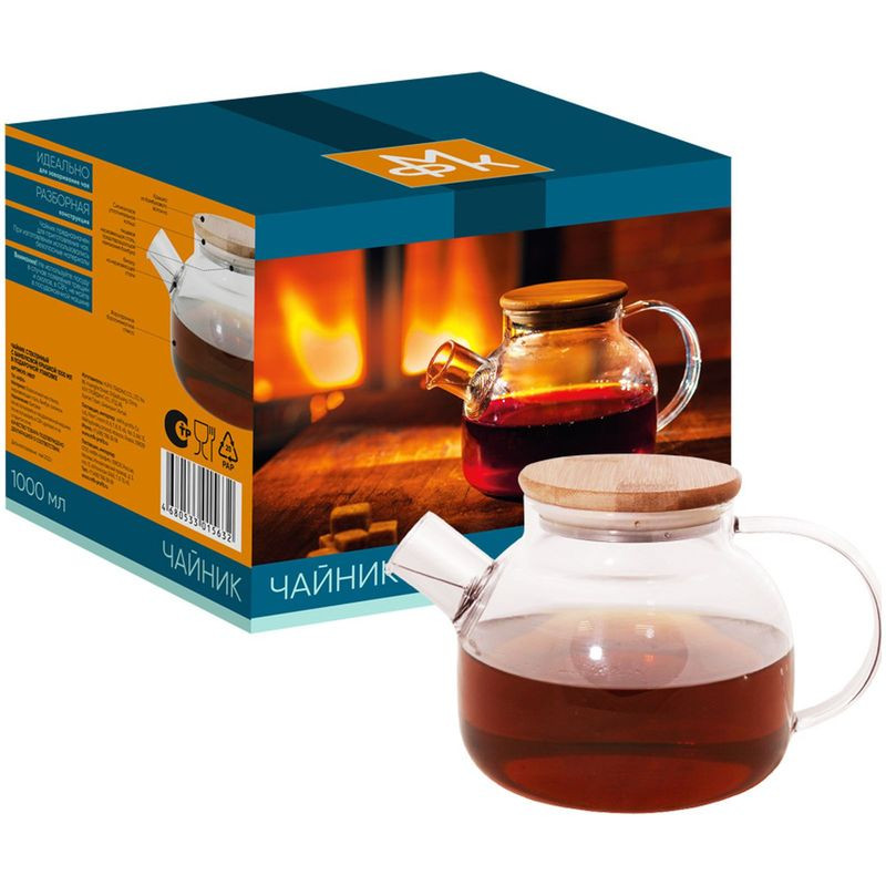 Изображение товара Стеклянный чайник МФК с бамбуковой крышкой 1000 мл подарочная упаковка