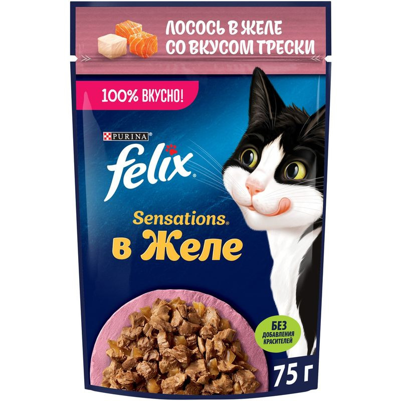 Изображение товара Влажный корм для кошек Felix Sensations с лососем в желе со вкусом трески, 75г