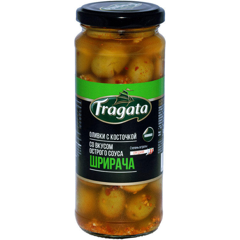Изображение товара Оливки Fragata с косточкой со вкусом острого соуса Шрирача, 340г