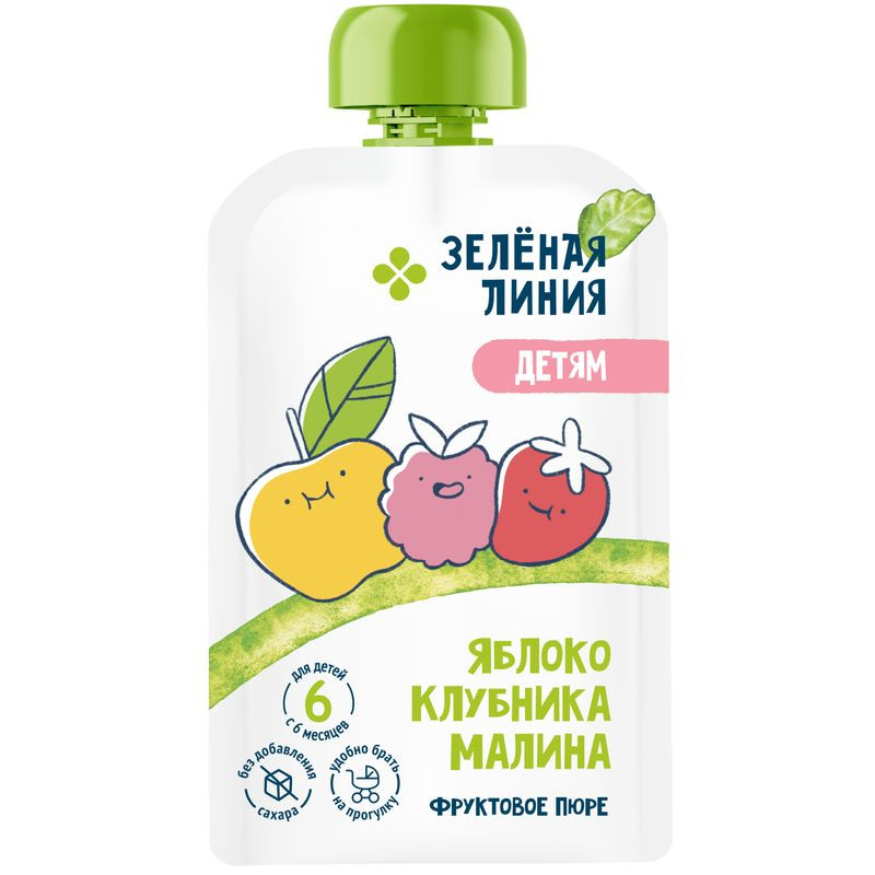 Изображение товара Пюре из яблок клубники и малины для детей с 6 месяцев 90г Зелёная Линия