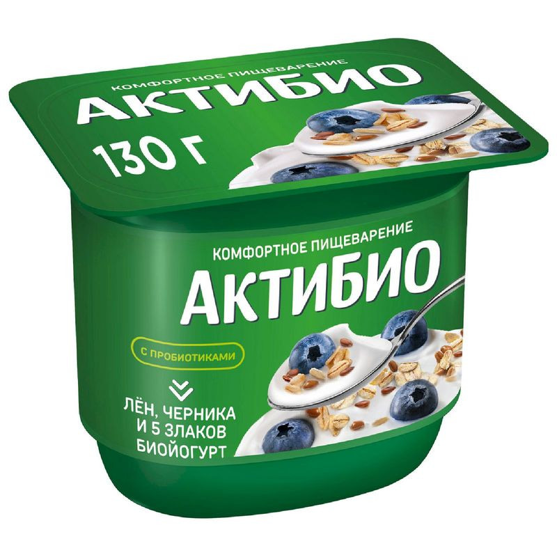 Изображение товара Биойогурт Актибио с черникой и злаками 130г - натуральный пробиотический продукт
