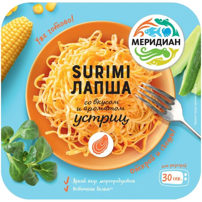Изображение товара Лапша Меридиан из сурими со вкусом устрицы 130г готовая рыбная продукция