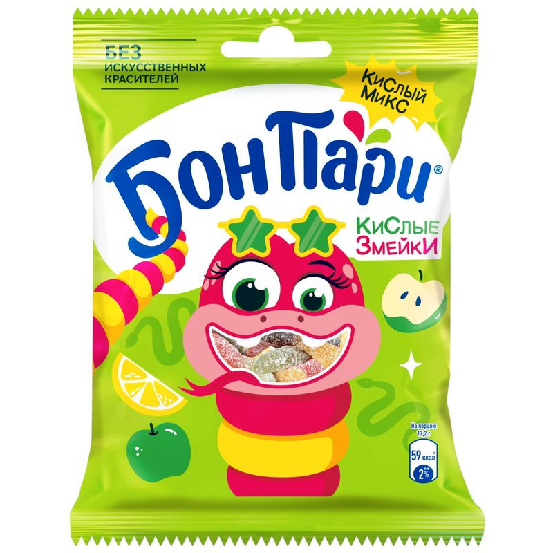 Изображение товара Мармелад Бон Пари Кислые змейки 120г фруктовый сладкий мармелад Ц Червячки