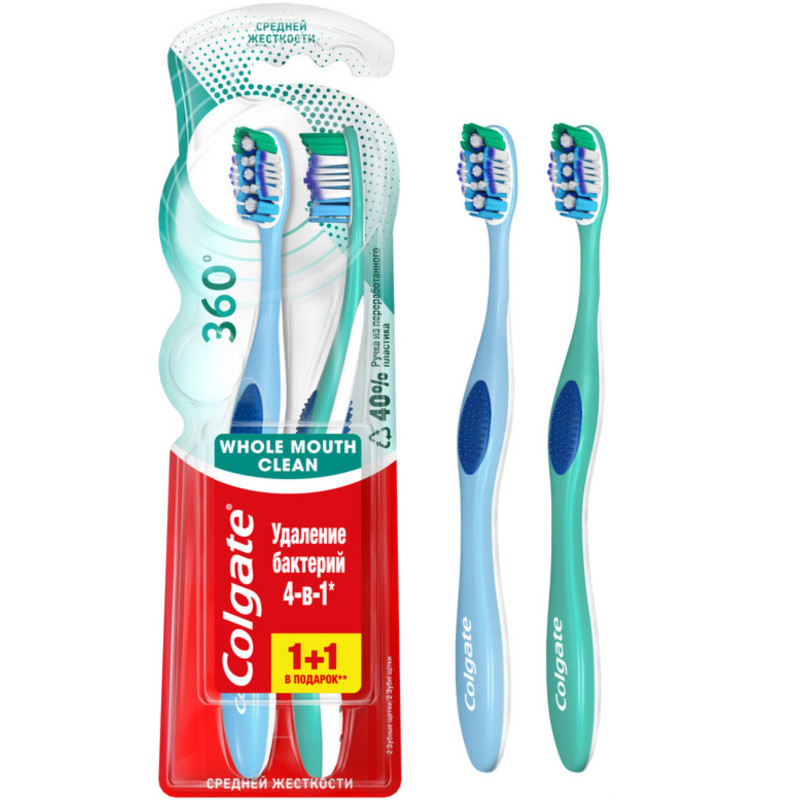 Изображение товара Зубная щетка Colgate 360 Суперчистота всей полости рта антибактериальная средней жесткости 1+1