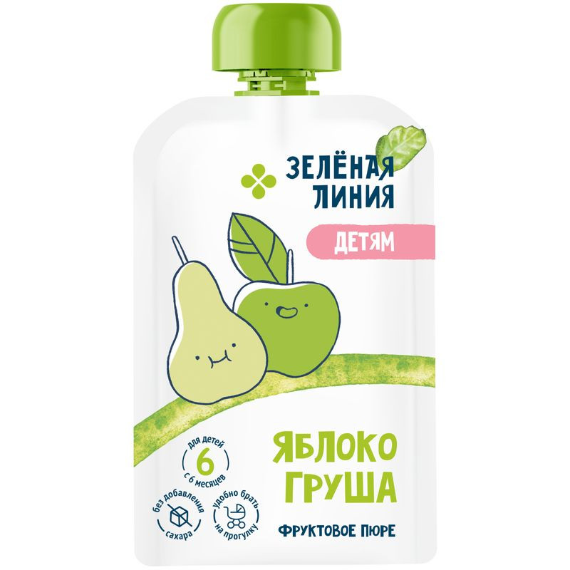 Изображение товара Пюре из груш и яблок для малышей с 5 месяцев Зелёная Линия 90г натуральный фруктовый перекус