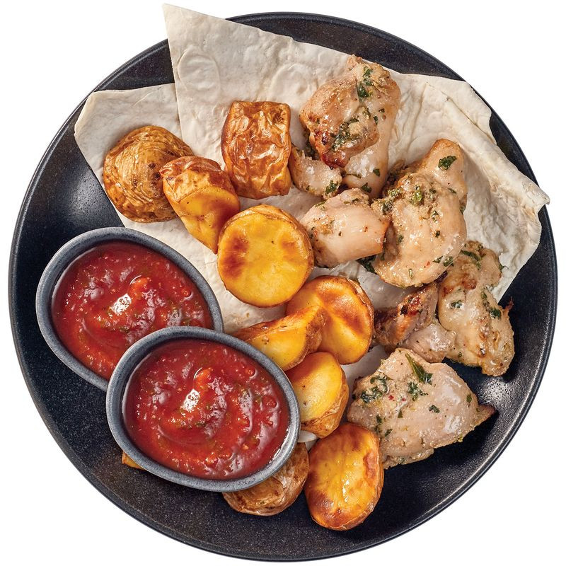 Изображение товара Шашлык из курицы с картофелем Перекрёсток Select 250г замороженное блюдо