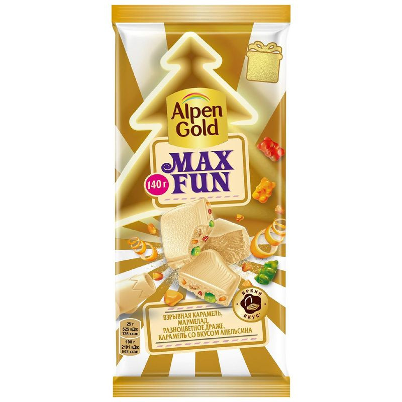 Изображение товара Alpen Gold Maxfun белый шоколад с карамелью мармеладом и драже 140г