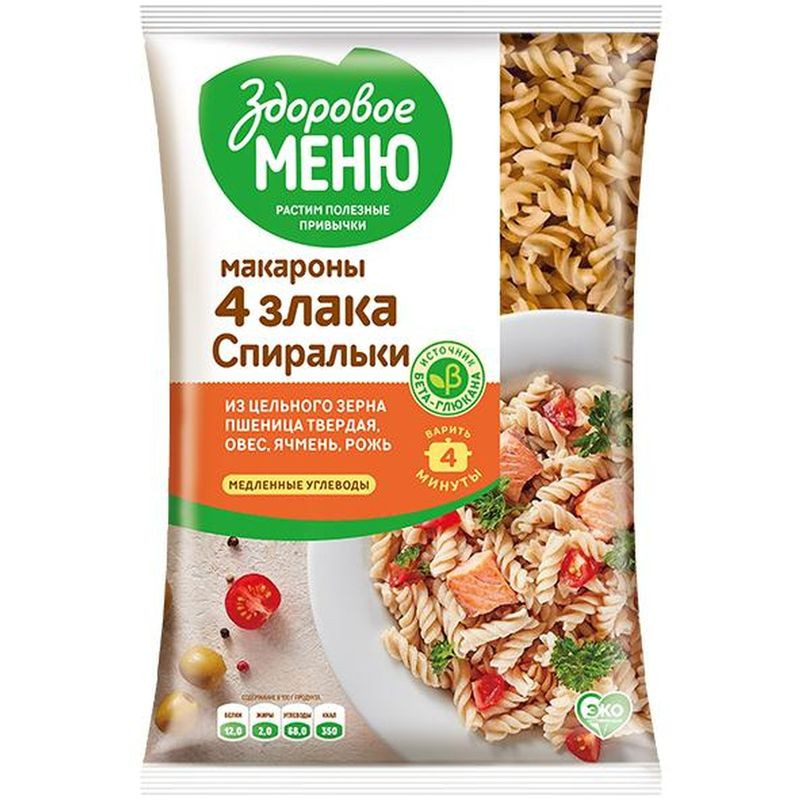 Изображение товара Макароны спирали мультизлаковые 4 злака Здоровое Меню 400г