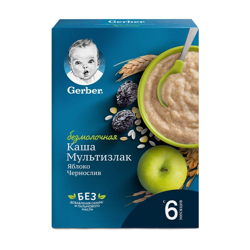 Изображение товара Безмолочная мультизлаковая каша Gerber с яблоком и черносливом 180г для детей от 6 месяцев