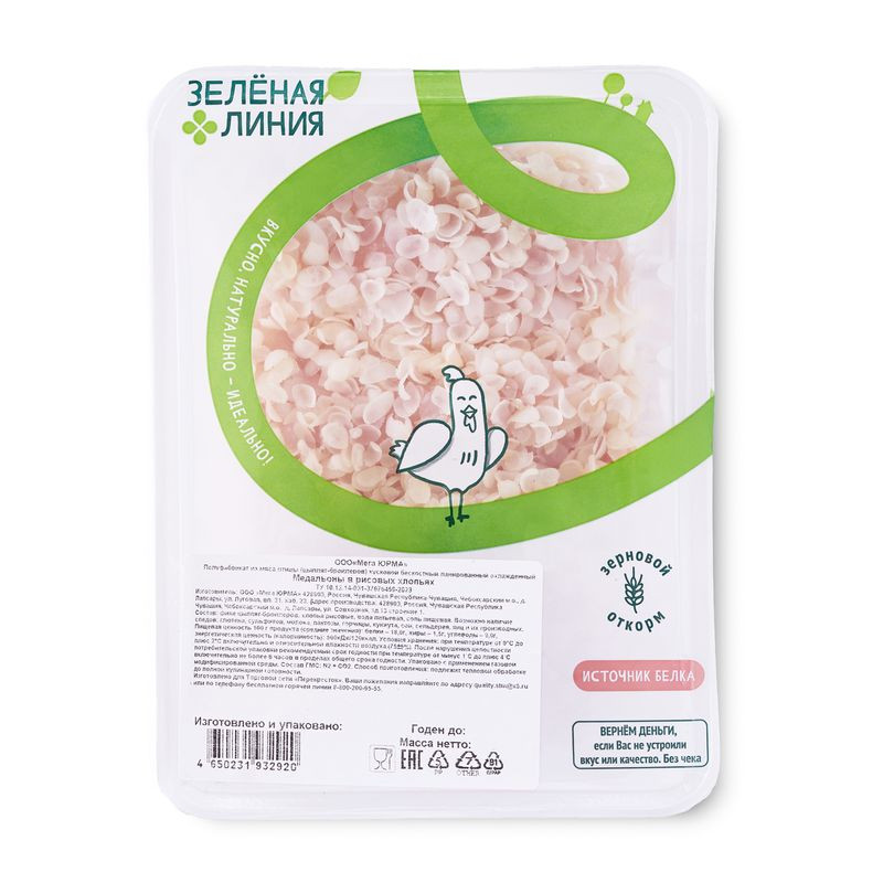 Изображение товара Медальоны из мяса цыплят в рисовых хлопьях Зелёная Линия 300г