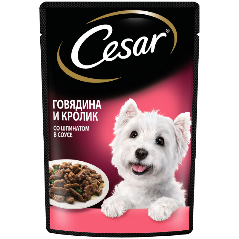 Изображение товара Влажный корм Cesar для взрослых собак с говядиной кроликом и шпинатом в соусе, 85г