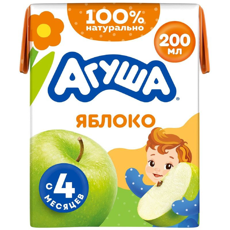 Изображение товара Сок Агуша яблочный для малышей от 4 месяцев 200мл натуральный