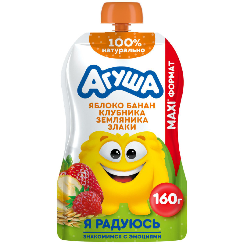 Изображение товара Пюре фруктовое детское Агуша яблоко банан клубника земляника злаки с 8 месяцев, 160гр