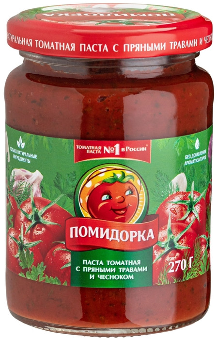 Изображение товара Томатная паста Помидорка с пряными травами и чесноком, 270г