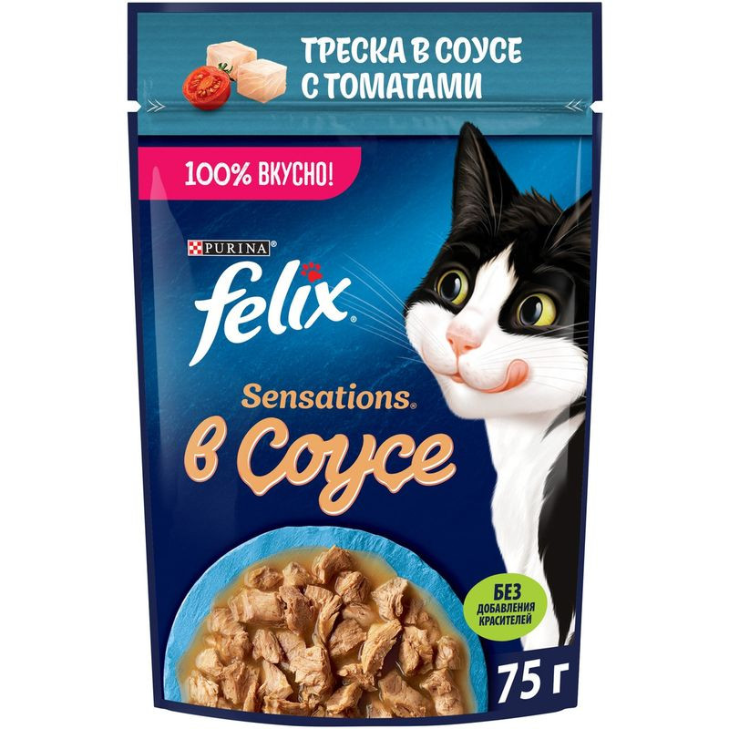 Изображение товара Влажный корм для кошек Felix Sensations с треской в соусе с томатами, 75г