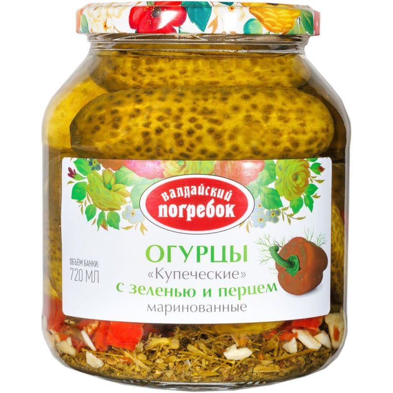 Изображение товара Огурцы Валдайский Погребок купеческие маринованные с зеленью и перцем 650г