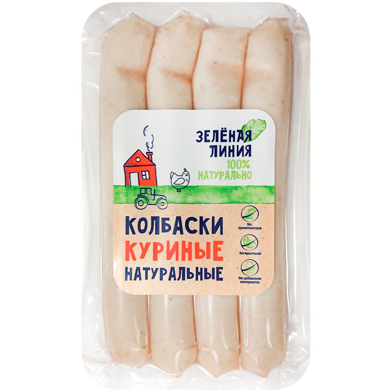 Изображение товара Колбаски варёные куриные натуральные из мяса птицы высший сорт Зелёная Линия, 240г