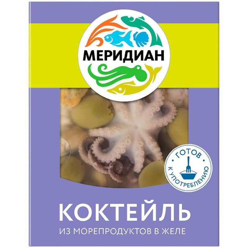 Изображение товара Коктейль из морепродуктов Меридиан отварной в желе с оливками и лимоном, 200г