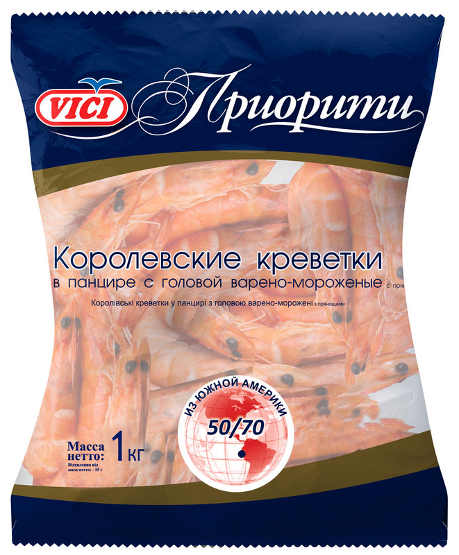 Изображение товара Креветки королевские Vici Приорити 50/70 варёно-мороженые, 1кг