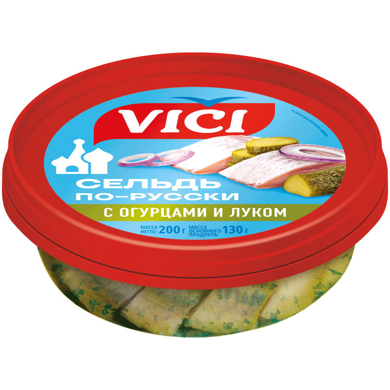 Изображение товара Сельдь Vici по-русски с огурцами и луком, 200г