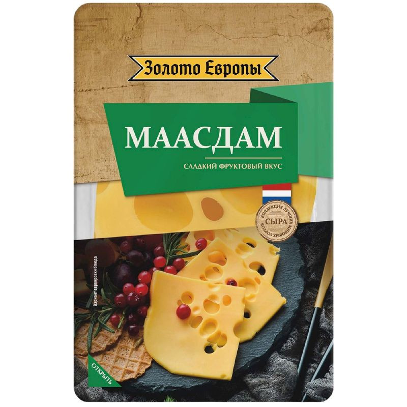 Изображение товара Сыр Золото Европы Маасдам нарезка 45% 400г качество Россия