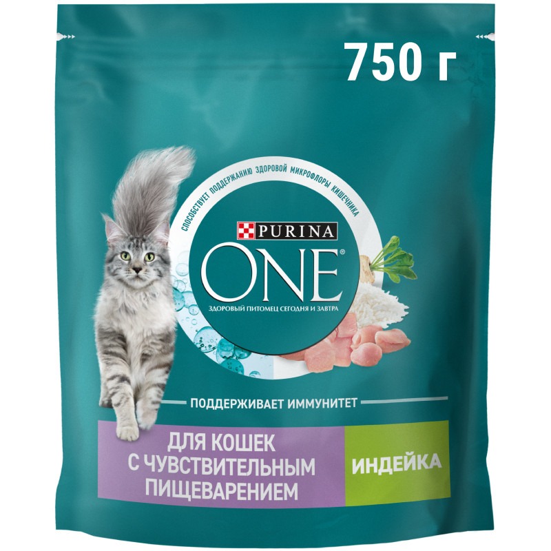 Изображение товара Сухой корм Purina One для кошек с чувствительным пищеварением с индейкой, 750г