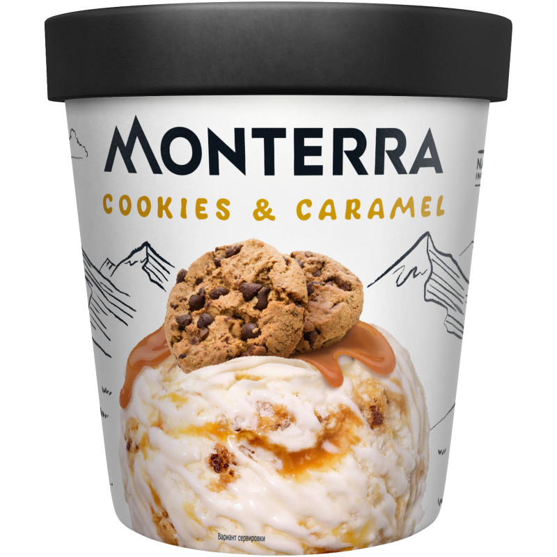 Изображение товара Мороженое пломбир Monterra Cookies&Caramel с карамельным соусом и кусочками печенья 298г