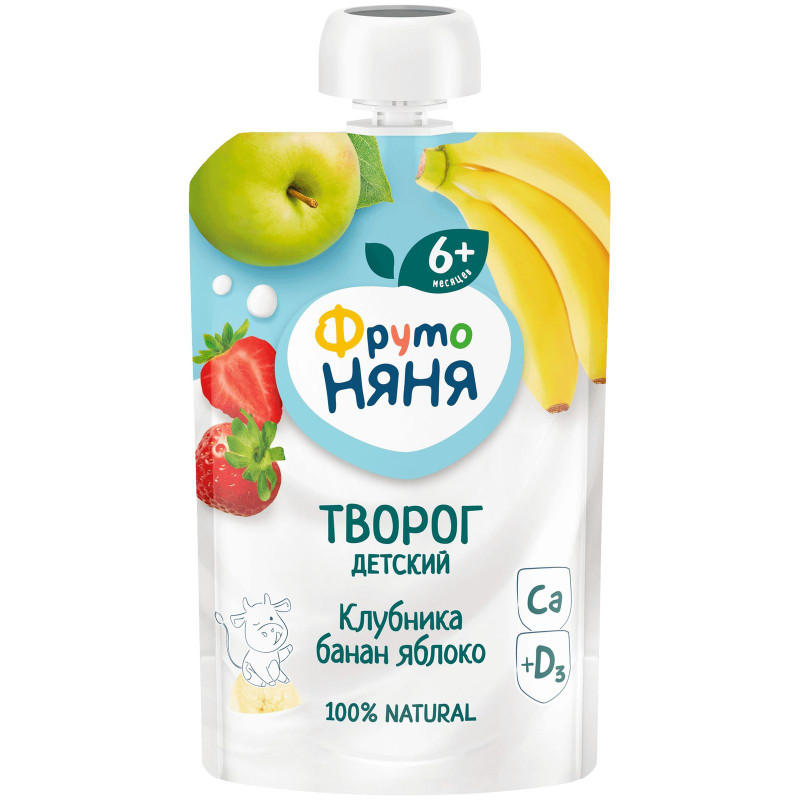 Изображение товара Творог ФрутоНяня с клубникой бананом и яблоком обогащенный витамином D3 4.2%, 90г