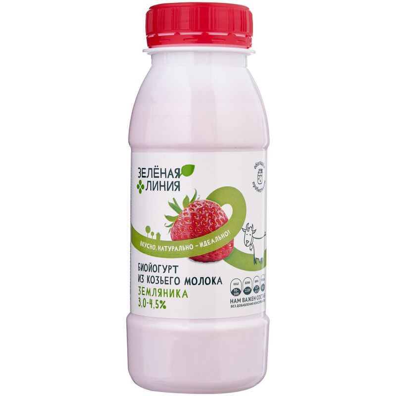 Изображение товара Биойогурт Земляника из козьего молока Зелёная Линия 230г питьевой натуральный