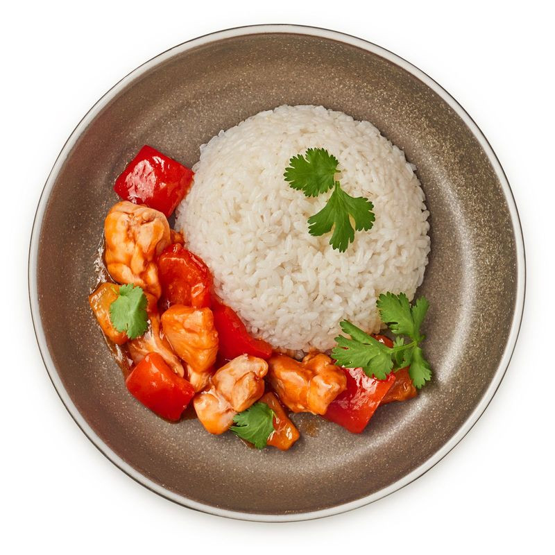 Изображение товара Курица с ананасами в кисло-сладком соусе и рисом Перекрёсток Select 220г