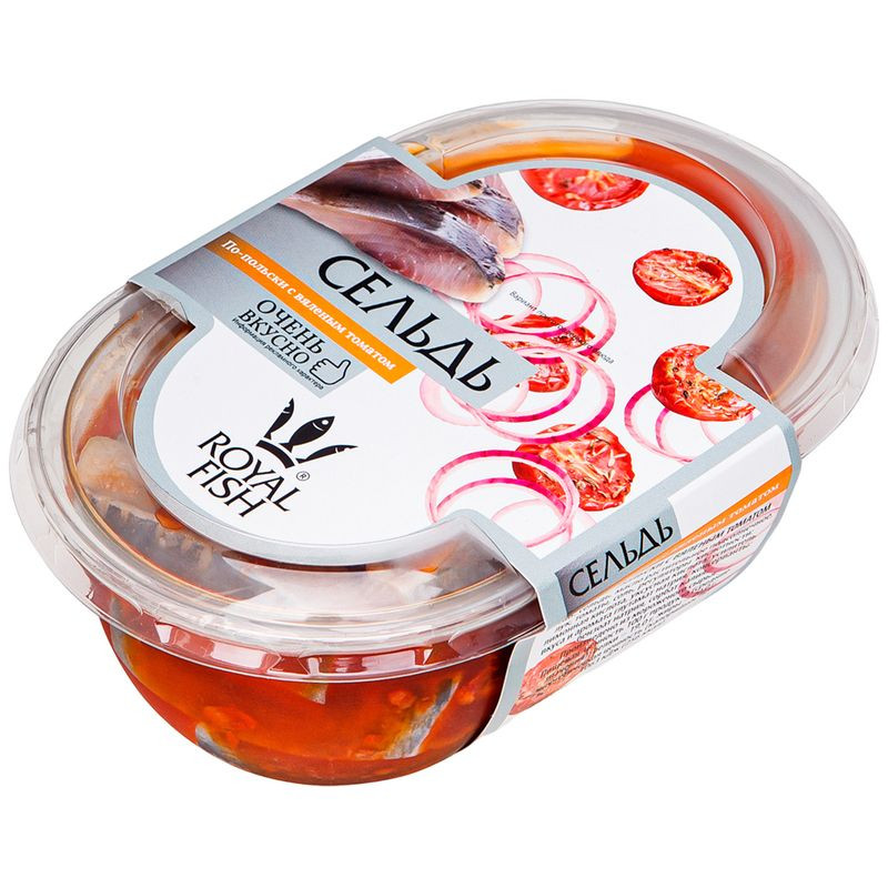 Изображение товара Сельдь атлантическая Викинг в масле с лучком и томатом 330г - маринованная рыба высшего качества