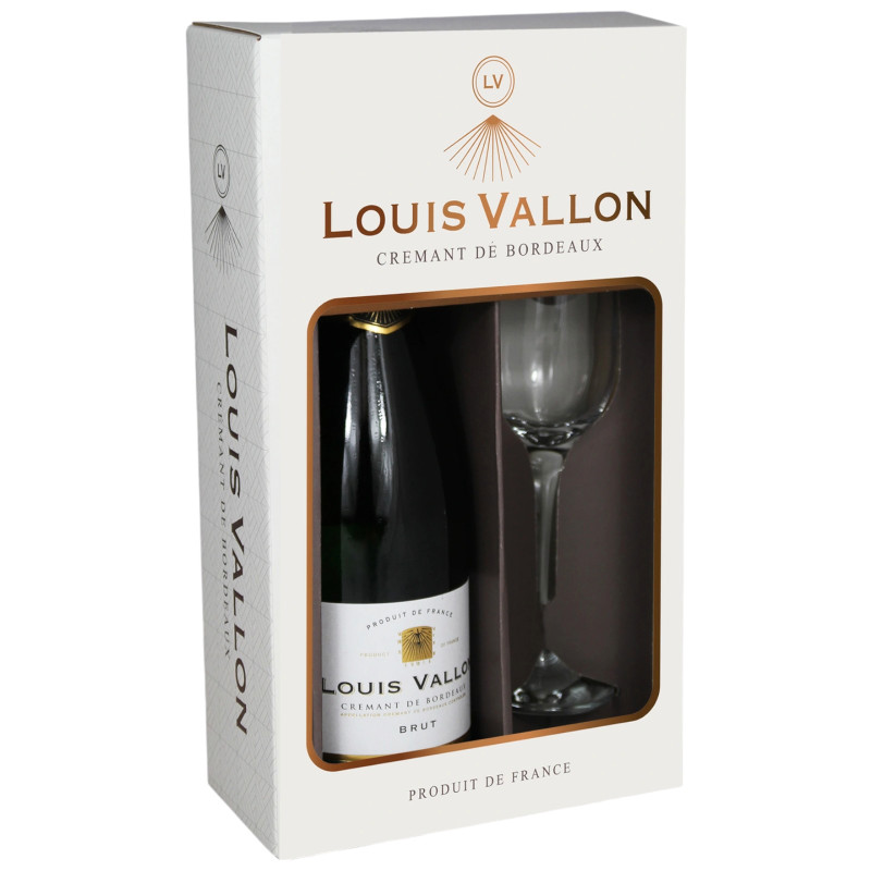 Изображение товара Игристое белое вино Louis Vallon Cremant de Bordeaux AOC Brut 750 мл + бокал