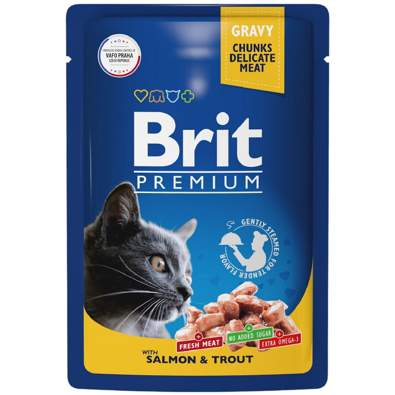 Изображение товара Корм Brit Premium лосось и форель в соусе для взрослых кошек, 85г