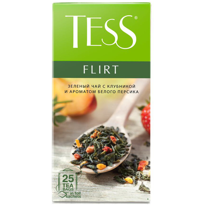 Изображение товара Чай Tess Flirt зелёный с клубникой и ароматом белого персика в пакетиках, 25х1.5г