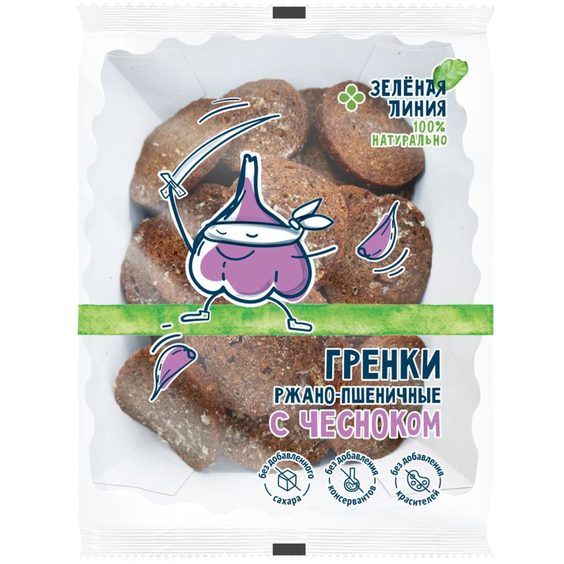 Изображение товара Гренки ржано-пшеничные с чесноком Зелёная Линия 100г вкусная закуска