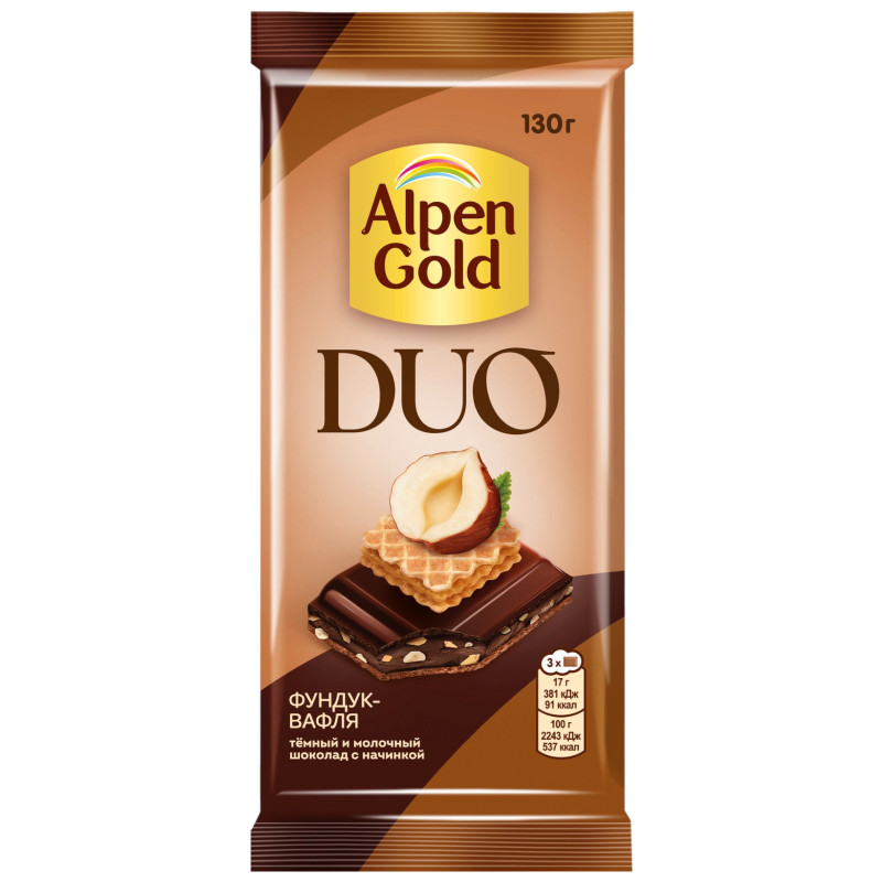 Изображение товара Тёмный шоколад и молочный шоколад Alpen Gold Duo с начинкой какао-фундук-вафельная крошка в карамели, 130г