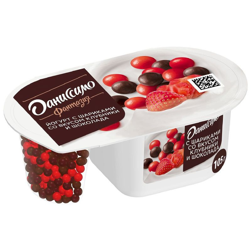 Изображение товара Йогурт Даниссимо Фантазия клубника и молочный шоколад с хрустящими шариками 105г