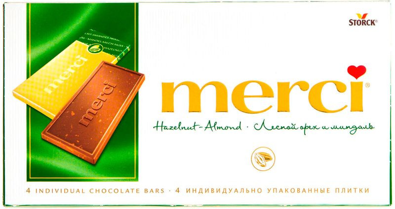 Изображение товара Шоколад молочный Merci с лесным орехом и миндалём 100г