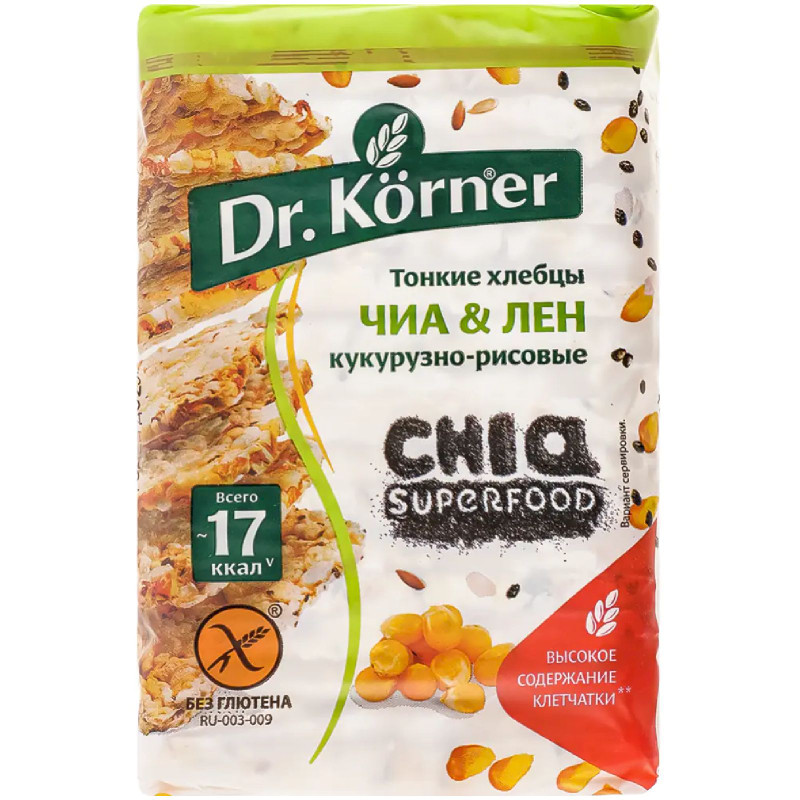 Изображение товара Хлебцы Dr.Korner кукурузно-рисовые с чиа и льном без глютена, 100г