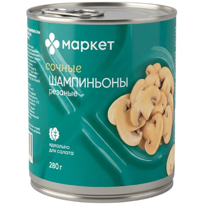 Изображение товара Грибы шампиньоны резаные натуральные стерилизованные Маркет 280г