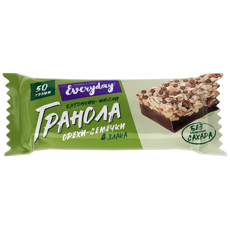 Изображение товара Батончик-мюсли глазированный Everyday Гранола с орехами и семечками 50г